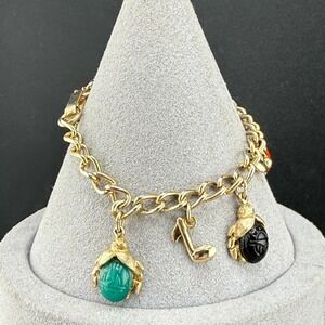 Vintage Scarab Charm Bracelet Gold Tone Polished Stone Insect Music Notes 6"